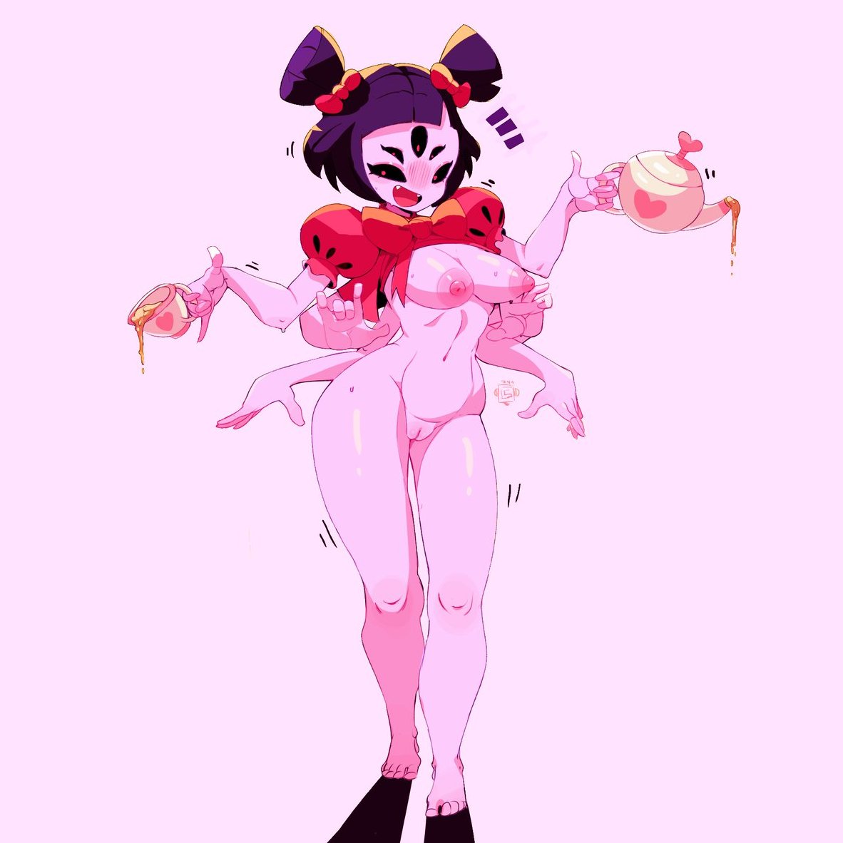 1girls 2024 big_breasts black_eyes black_hair bottomless breasts feet female female_focus female_only huhujujuy muffet naked nipples pigtails plain_background purple_background purple_body purple_hair purple_skin pussy solo solo_female spider spider_girl teacup teapot tied_hair undertale