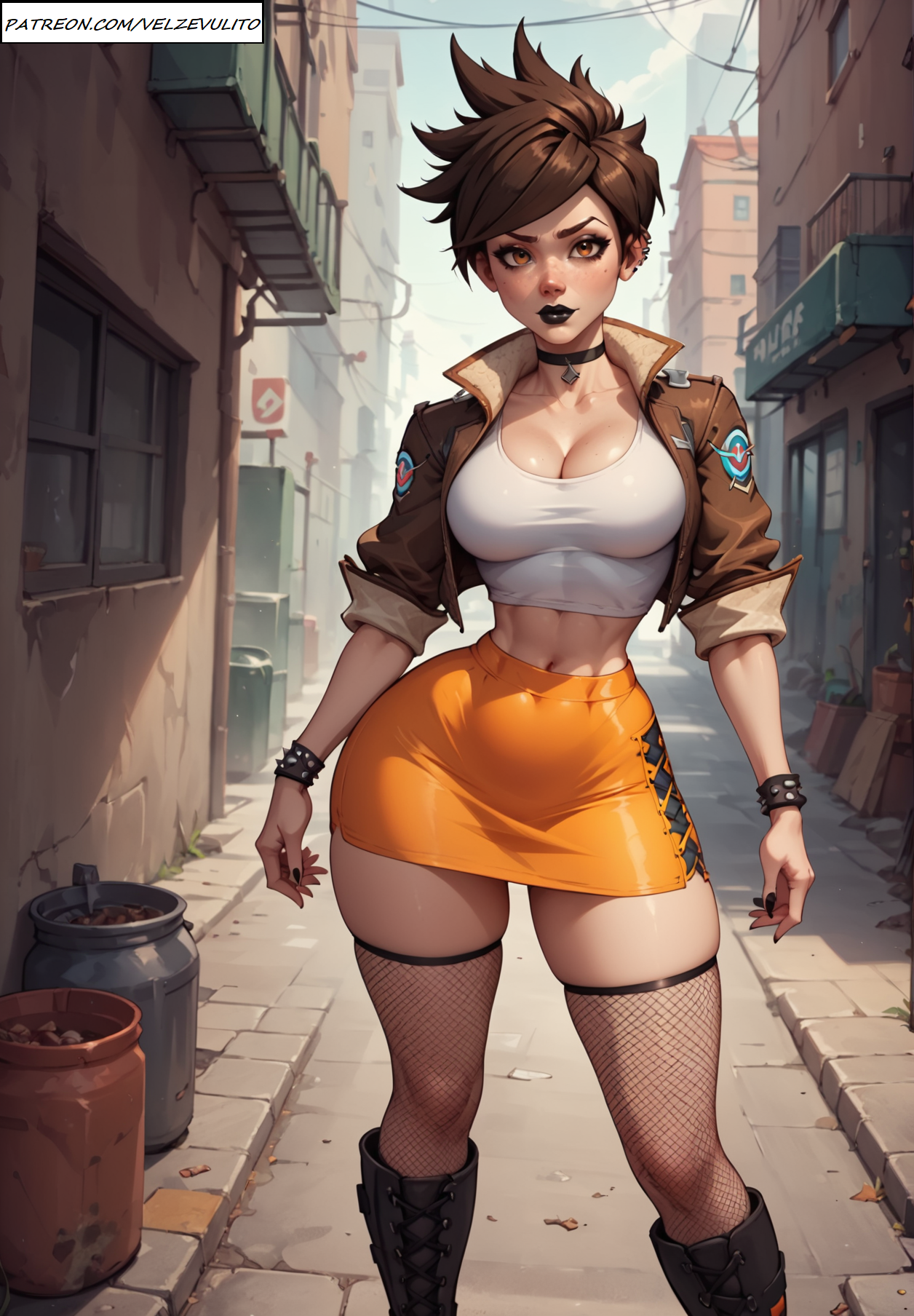 1girls, ai generated, alley, big breasts, breasts, choker, cleavage, female, fishnets, goth girl, hourglass figure, large breasts, midriff, outdoors, overwatch, short hair, skirt, solo, thighhighs, tracer, velzevulito