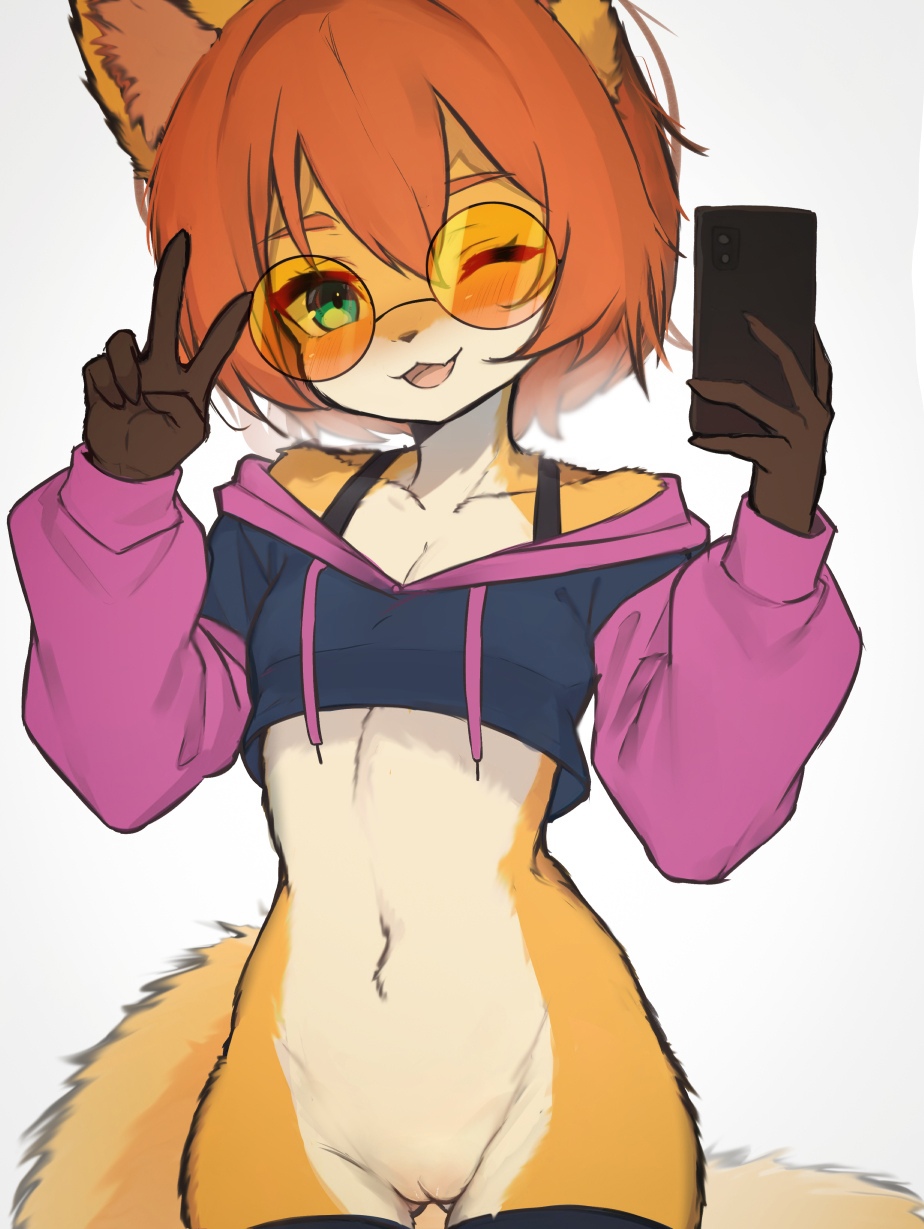 anthro blue_eyes bottomless breasts brown_hands canid canine cellphone clothed clothing countershade_face countershade_torso countershading crop_top electronics eyebrows eyelashes eyewear female fingers fluffy fluffy_tail fox front_view fur genitals gesture hair hand_gesture hi_res holding_cellphone holding_object holding_phone holding_smartphone hoodie kemono legwear lilkon looking_at_viewer mammal meme meme_clothing one_eye_closed open_mouth orange_body orange_fur orange_hair orange_tail paggi_outfit phone pussy selfie shirt short_hair small_breasts smartphone solo standing tail thigh_highs topwear v_sign white_body white_fur yumi_(lilkon)