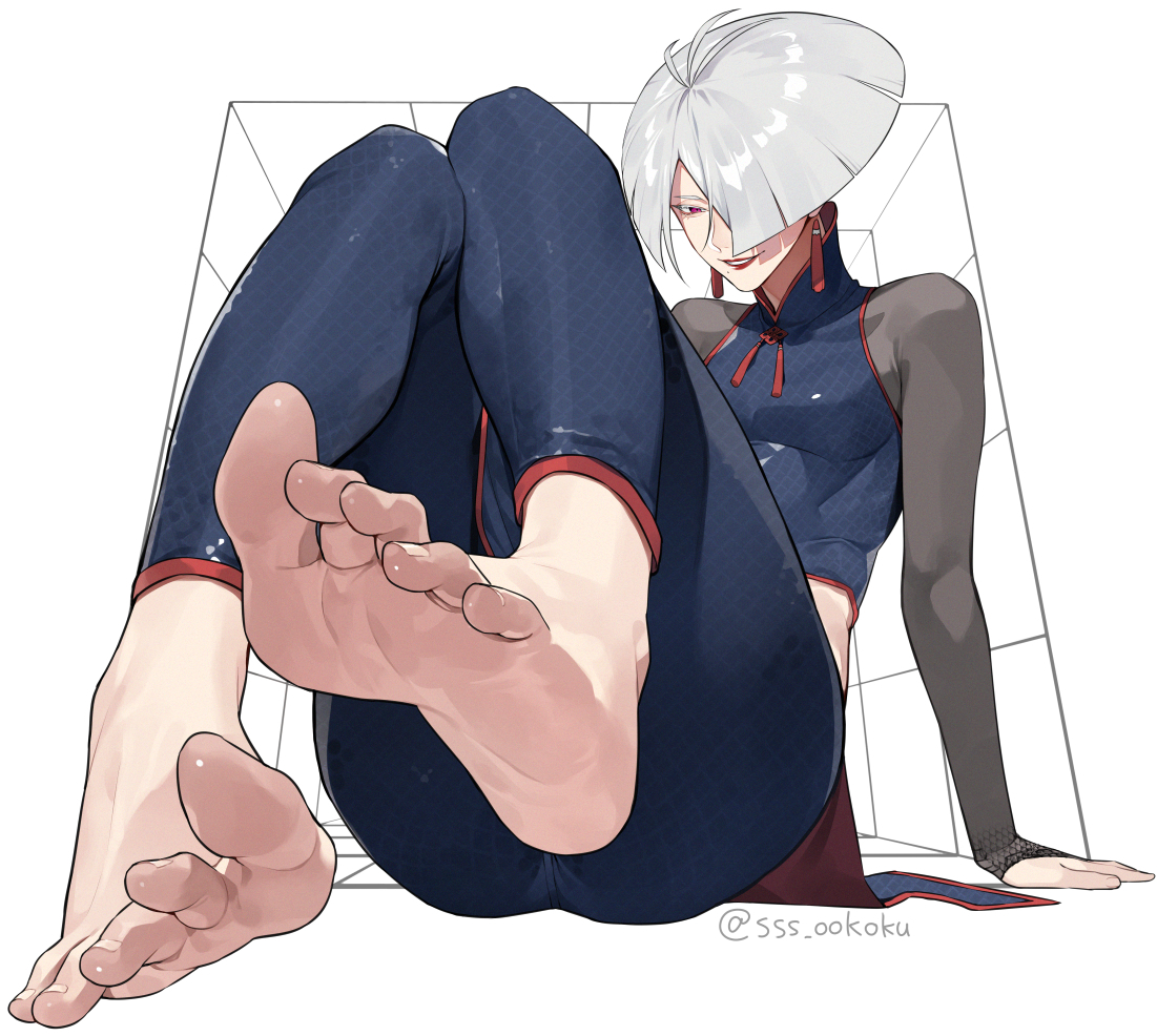 1girls, a.k.i., barefoot, bob cut, chinese clothes, feet, feet focus, feet up, female, female only, foot fetish, fully clothed, grey hair, legs up, long nails, looking at viewer, red eyes, sitting, sitting down, sitting on floor, slim waist, soles, solo, sss ookoku, street fighter, street fighter 6, toes, white hair, wide hips, yandere