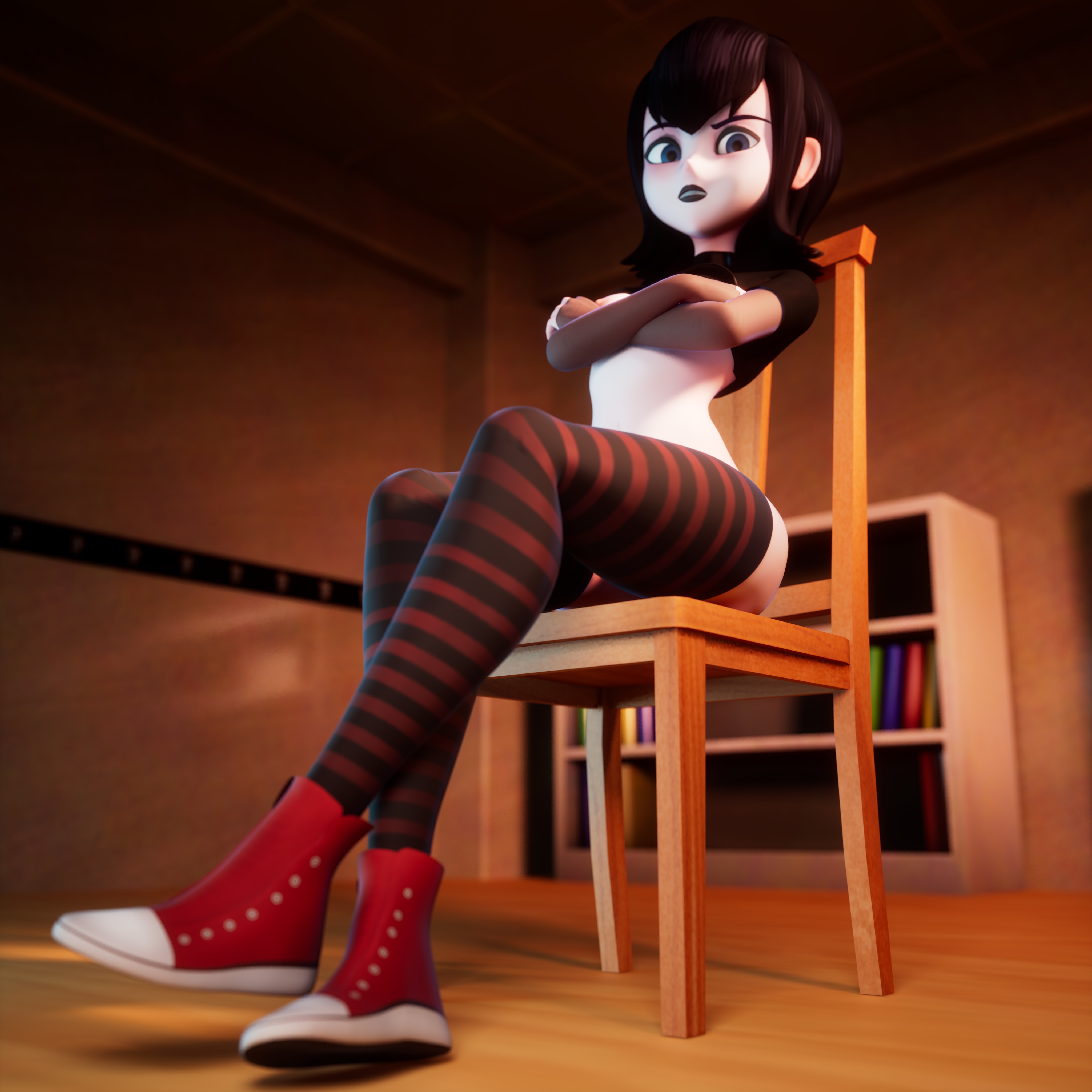 3d, 3d render, black hair, black lipstick, blue eyes, chair, disgusted, female, goth, hotel transylvania, legs, legwear, mavis dracula, shoes, sneakers, stockings, striped legwear, thigh highs, thighhighs, thighs, woodenplatypus