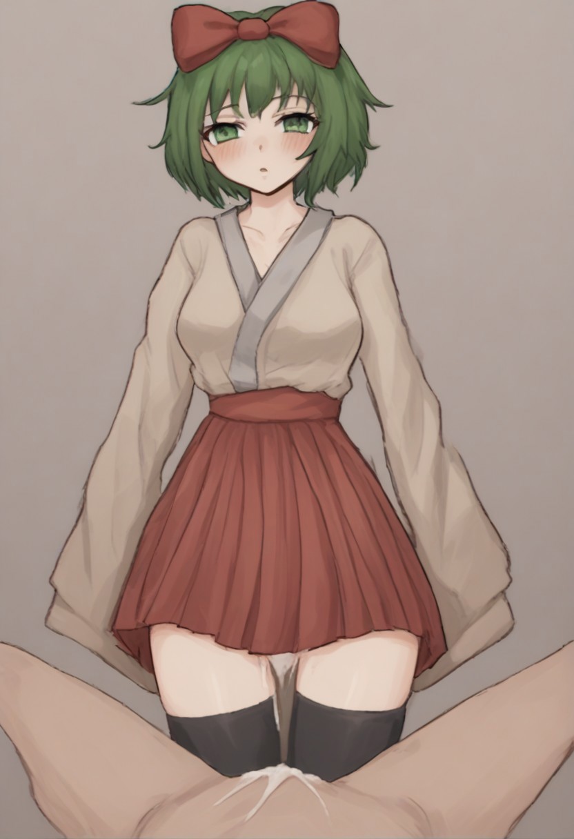 1girls ai_generated cock creampie cum_inside_vagina green_eyes green_hair hakama_skirt japanese_clothes mai_shishikusa masa_works_design mjdennsfw oni_to_kitsune_no_hanashi red_bow standing thighhighs zettai_ryouiki