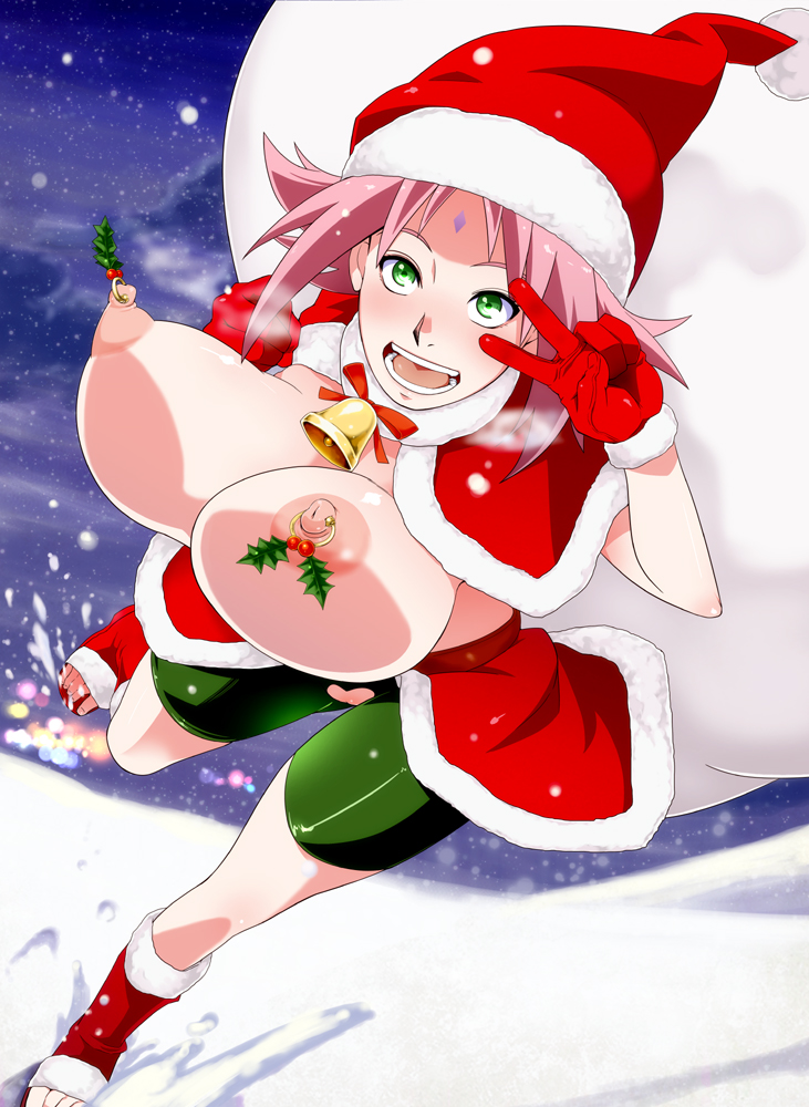 breasts, christmas, cute, exposed, female, female only, flying, huge breasts, human, naruto, naruto (series), nude, sakura haruno, snow, solo, sunahara wataru