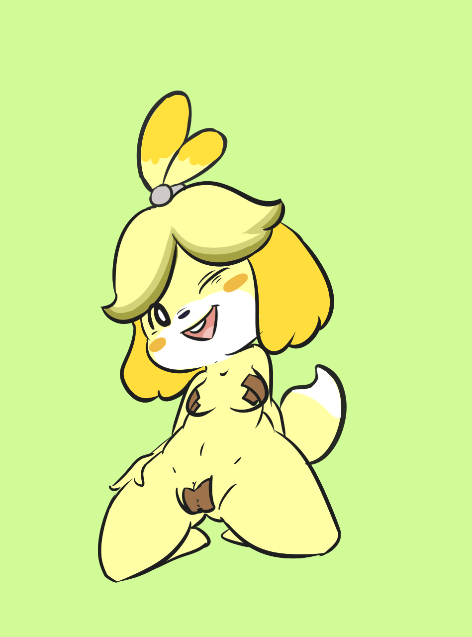 1girls animal_crossing animal_ears arm_behind_back blonde_hair blush blush_stickers breasts cameltoe canine dog_ears dog_tail female female_only full_body furry green_background highres isabelle_(animal_crossing) kneeling looking_at_viewer maebari navel nintendo no_humans nude one_eye_closed open_mouth pasties presenting pussy pussy_peek short_hair simple_background small_breasts smile solo spread_legs tail tape tied_hair vono white_eyes wink