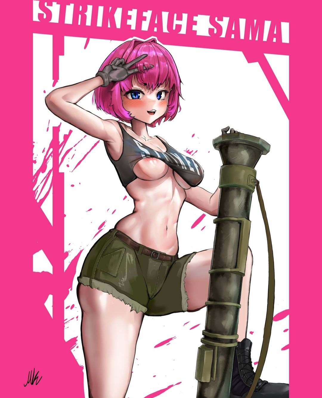 gloves gun light-skinned_female light_skin marvin_weeb military pink_hair pose shirt_lift short_hair shorts small small_breasts smaller_female thin thin_female thin_waist