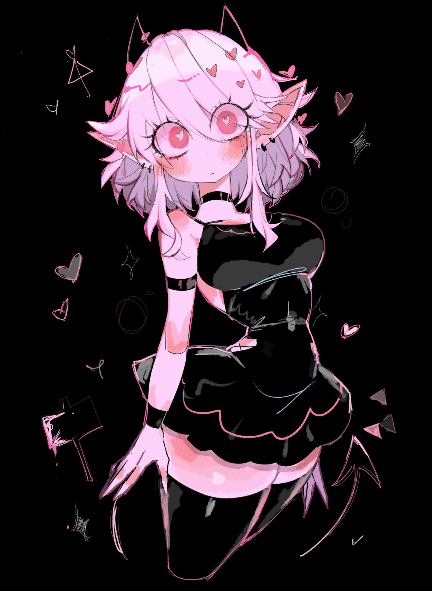 1girls, big breasts, black background, blush, blush lines, breasts, clothed female, demon, demon girl, fat thighs, female, heart-shaped pupils, helltaker, horns, light skin, light-skinned female, modeus (helltaker), pale skin, pale-skinned female, red eyes, solo, solo female, thick thighs, thighs, usa37107692, white hair
