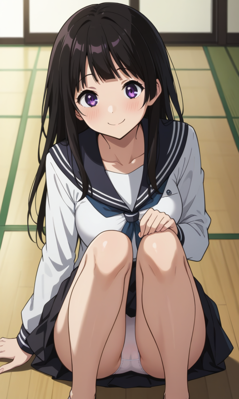 1girls ai_generated bangs bedroom black_hair black_skirt blush chitanda_eru hyouka kslgsnb long_hair medium_breasts on_the_floor panties pixai purple_eyes serafuku sitting underwear upskirt white_panties