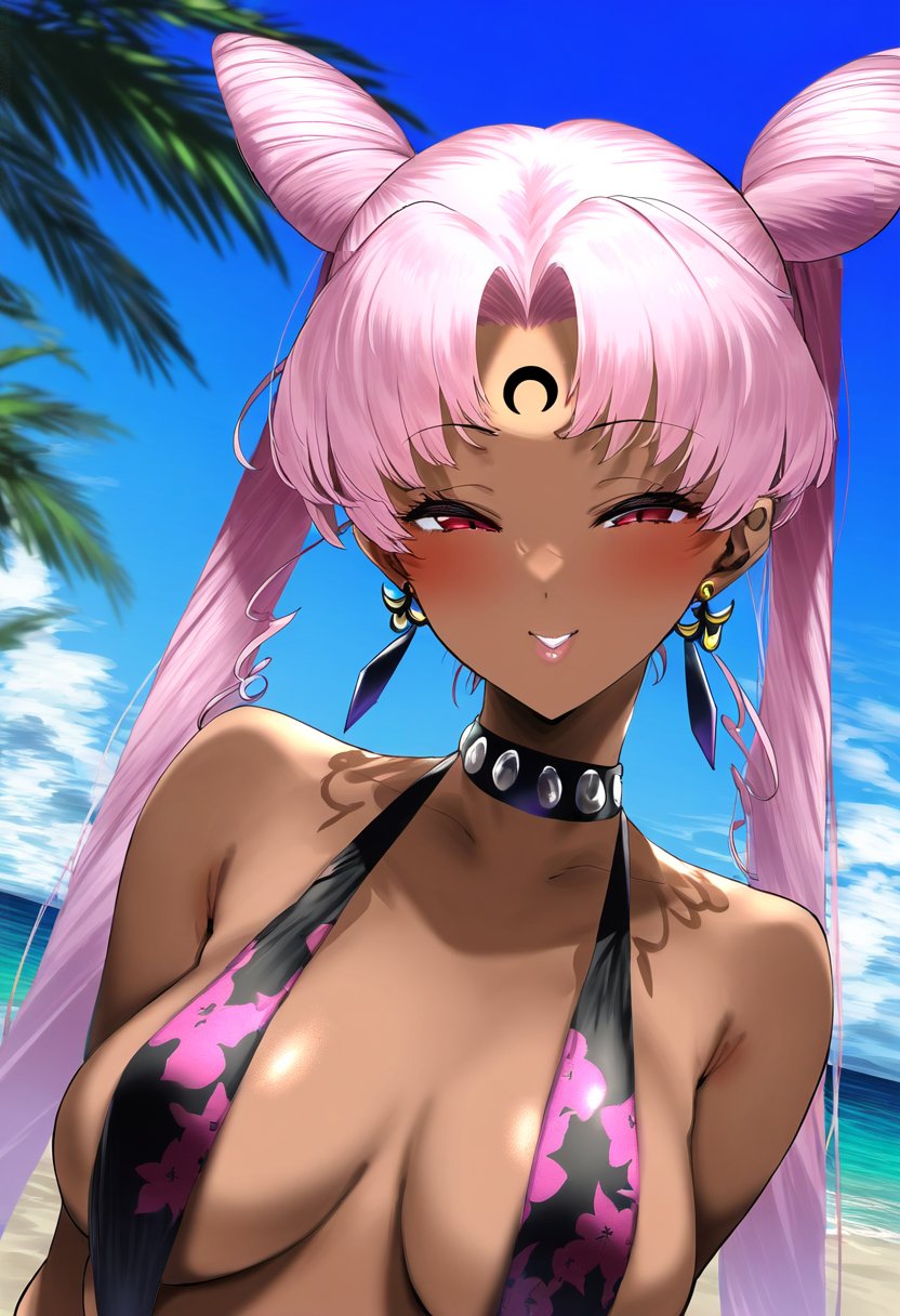 ai_generated beach big_breasts bishoujo_senshi_sailor_moon black_dress black_lady black_moon blush bun_hair chibi_usa deko glossy_lips lip_gloss looking_at_viewer medium_breasts pink_hair pink_hair_female sling_bikini slingshot_swimsuit swimsuit tan_skin