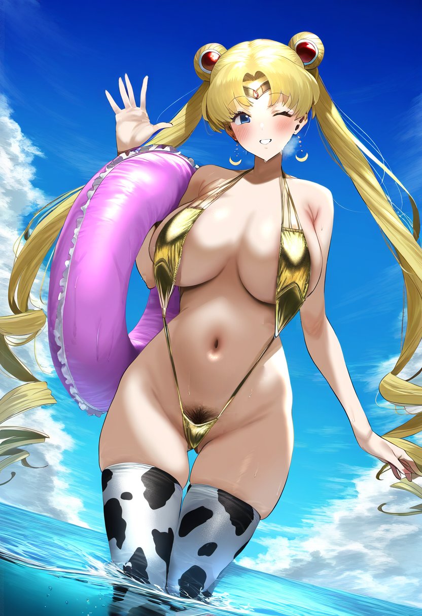 ai_generated big_breasts bishoujo_senshi_sailor_moon blush cowprint cowprint_leggings deko gold_swimsuit innertube large_breasts pubic_hair sailor_moon sling_bikini slingshot_swimsuit standing_in_water stockings swimsuit usagi_tsukino water