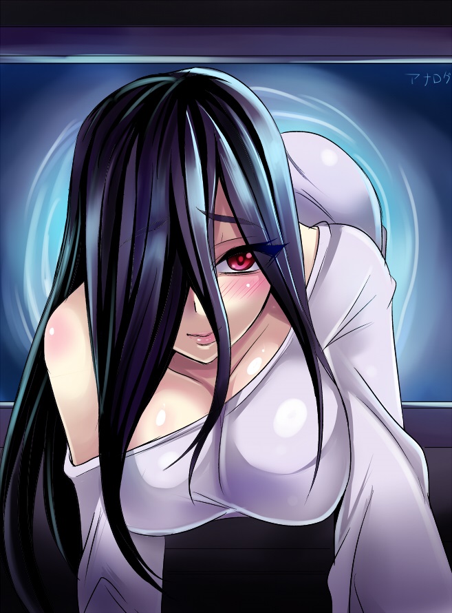 1girls, all fours, ass, bent over, big ass, black hair, blush, breasts, cleavage, clothing, dress, eye contact, female, female only, ghost, ghost girl, hair over one eye, half-closed eyes, hanging breasts, huge breasts, large breasts, long hair, looking at viewer, nishida megane, off shoulder, red eyes, smile, solo, television, text, the ring, thick thighs, through screen, white dress, wide hips, yamamura sadako