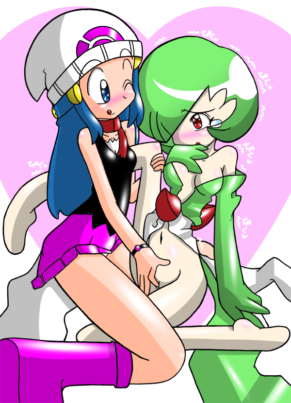 2girls blush boots dawn_(pokemon) female female_only fingering gardevoir human lesbian_sex multiple_girls pokemon pokemon_(species) pokemon_dppt pokemon_rgby pokemon_rse pokephilia pussy smile spread_legs spread_pussy straight_hair tears tongue_out wink yorunoko yuri