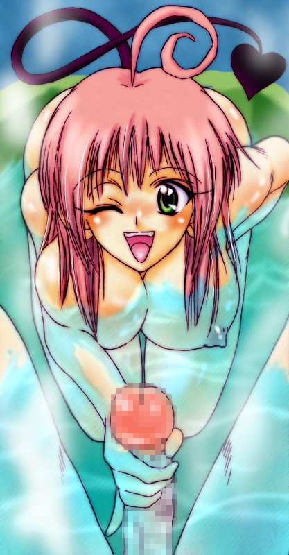 bb blush breasts censored lala_satalin_deviluke large_breasts mosaic_censoring open_mouth penis smile tail to_love-ru wink