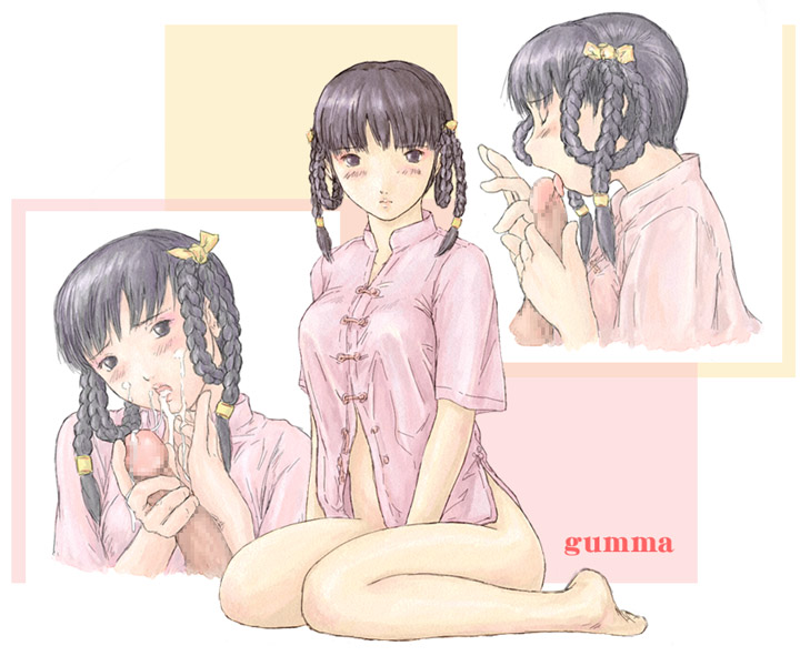 black_hair blush bottomless censored cum dead_or_alive fellatio female gumma human kisaragi_gunma lei_fang male oral pajamas straight twin_braids