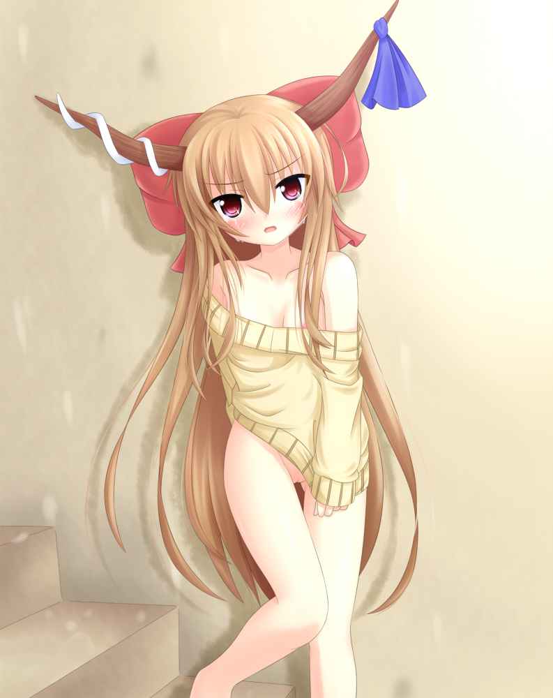 1girls bare_shoulders blush bottomless breasts brown_hair cleavage covering female horns legs long_hair naked_sweater nipple_slip nipples no_panties pink_eyes pussy red_eyes ribbon solo stairs suika_ibuki sweater tears touhou uncensored very_long_hair yoye_(pastel_white)