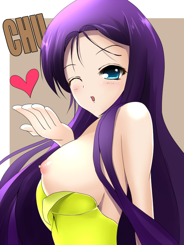 bare_shoulders blowing_kiss blue_eyes blush breasts female final_fantasy final_fantasy_vii hair itohikinebaneba kissing leotard long_hair monster_girl nipples pollensalta purple_hair solo straight_hair wardrobe_malfunction wink