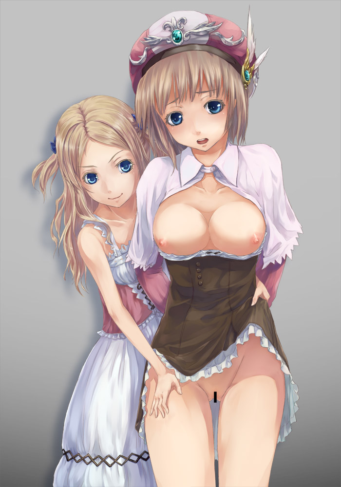 atelier_(series) atelier_rorona blonde_hair blue_eyes breasts brown_hair censored cleavage cuderia_von_feuerbach dress dress_lift female hat multiple_girls nipples panties rororina_fryxell shacchi two_side_up underwear yuri