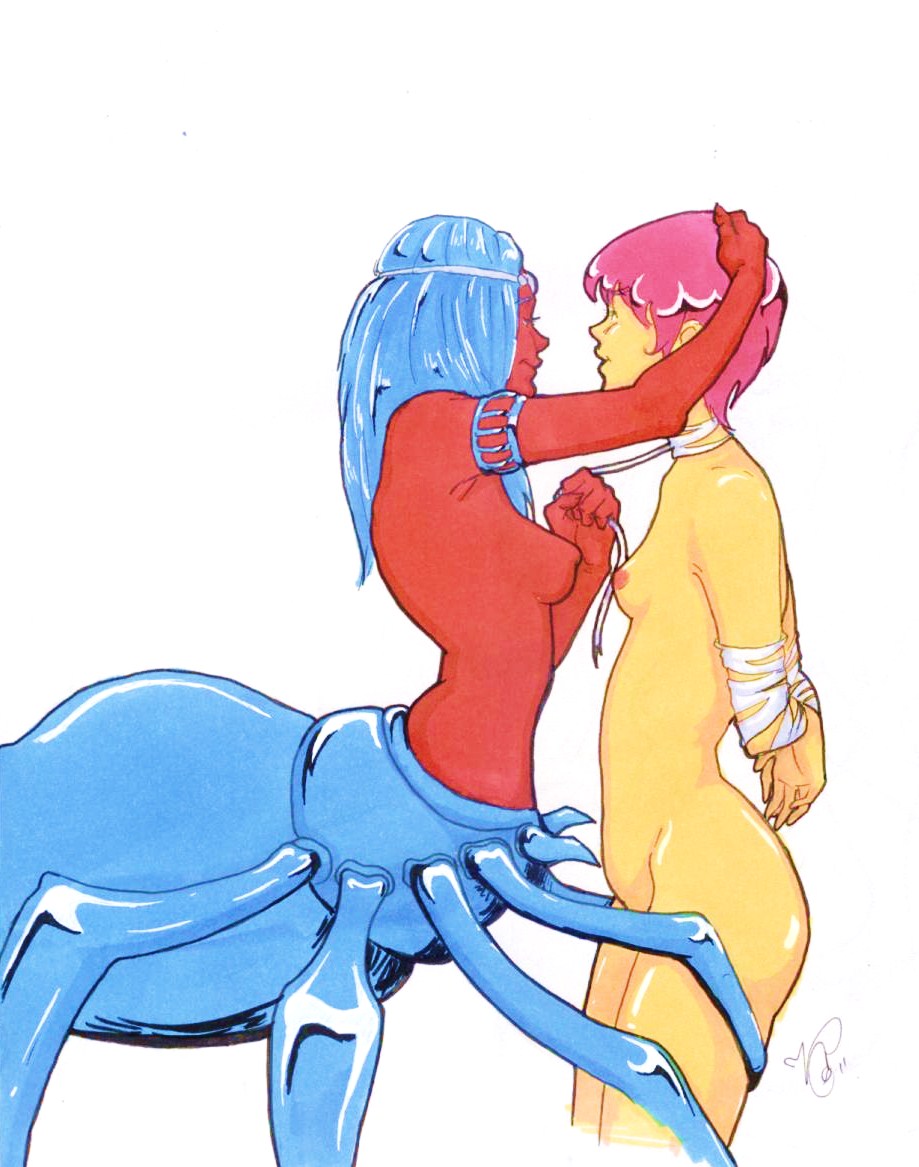 anthro arachnid areolae armlet ass blue_hair bondage breasts duo female female_only femdom green_skin hand_on_head insect leash lesbian_spider-queens_of_mars light_bondage long_hair magenta_hair medium_breasts monster monster_girl nipples nude puffy_nipples red_skin sapfiresyko short_hair side_view sideboob signature small_breasts spider spider_girl standing