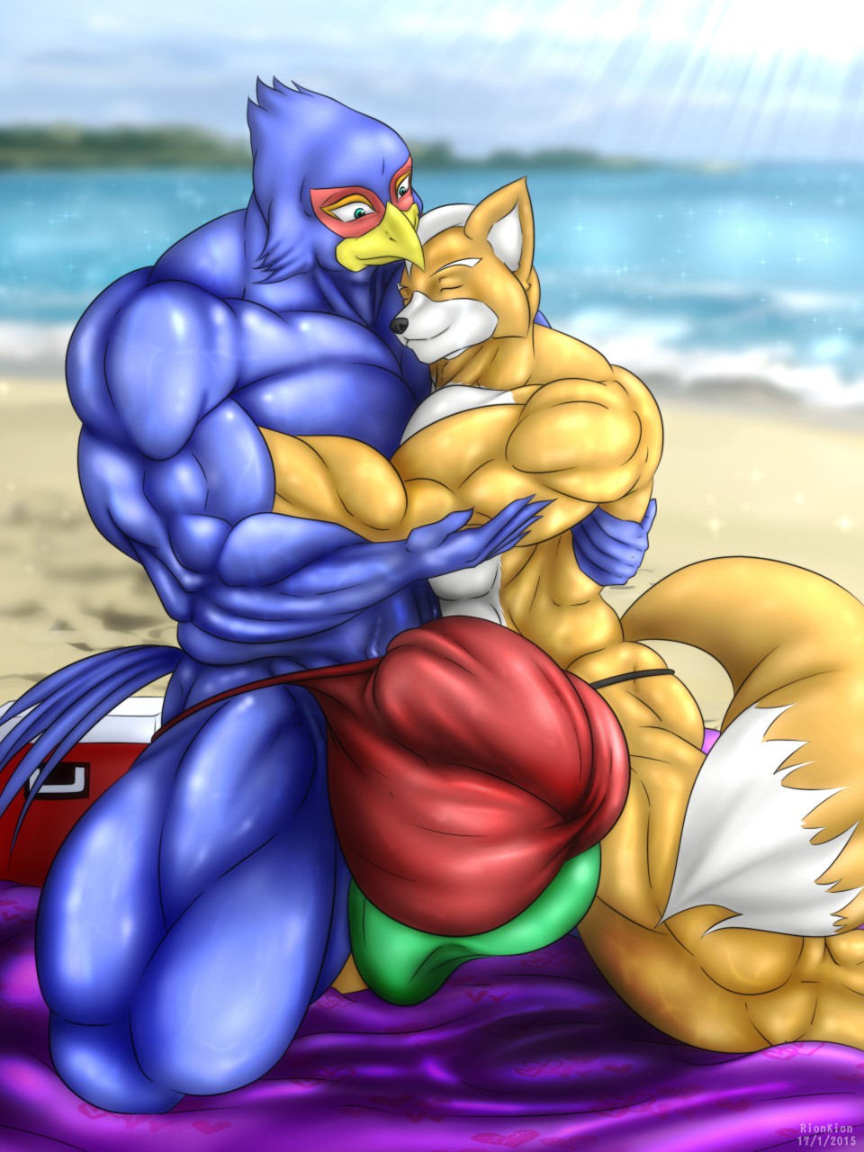 avian beach bulge falco_lombardi fox fox_mccloud gay green_underwear hug hyper male male_only muscles muscular muscular_male nintendo red_underwear rionkion speedo star_fox underwear yaoi