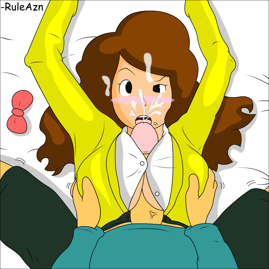 1boy 1girls blush breasts brown_hair cleavage cum emmy_altava facial female level-5 luke_triton male paizuri paizuri_under_clothes penis professor_layton ruleazn straight text unseen_male_face