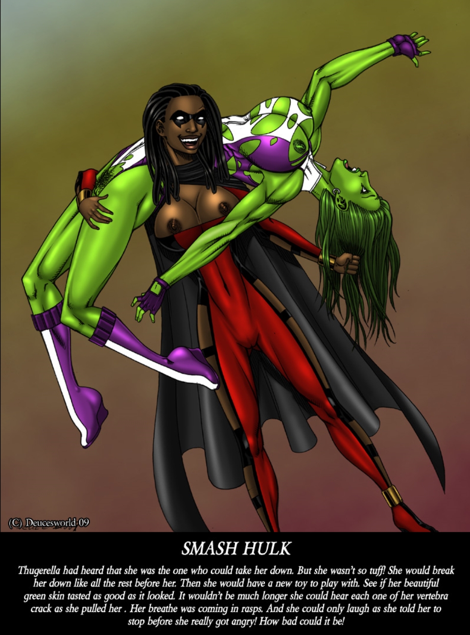 2009 2girls dark-skinned_female dark_skin defeated_heroine deuce deuceworld english_text female female_only green-skinned_female green_skin hulk_(series) human marvel multiple_girls she-hulk thugerella