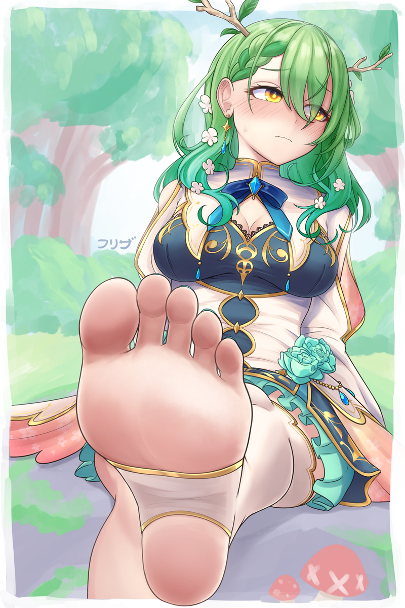 1girls barefoot blush ceres_fauna cleavage embarrassed feet female female_focus female_only foot_fetish foot_focus foot_up freezer_(frzr/efreezerarts) green_hair hololive hololive_english hololive_english_-council- hololive_english_-promise- kirin light-skinned_female light_skin looking_away nature nature_background outdoors soles soles_fetish stirrup_legwear virtual_youtuber