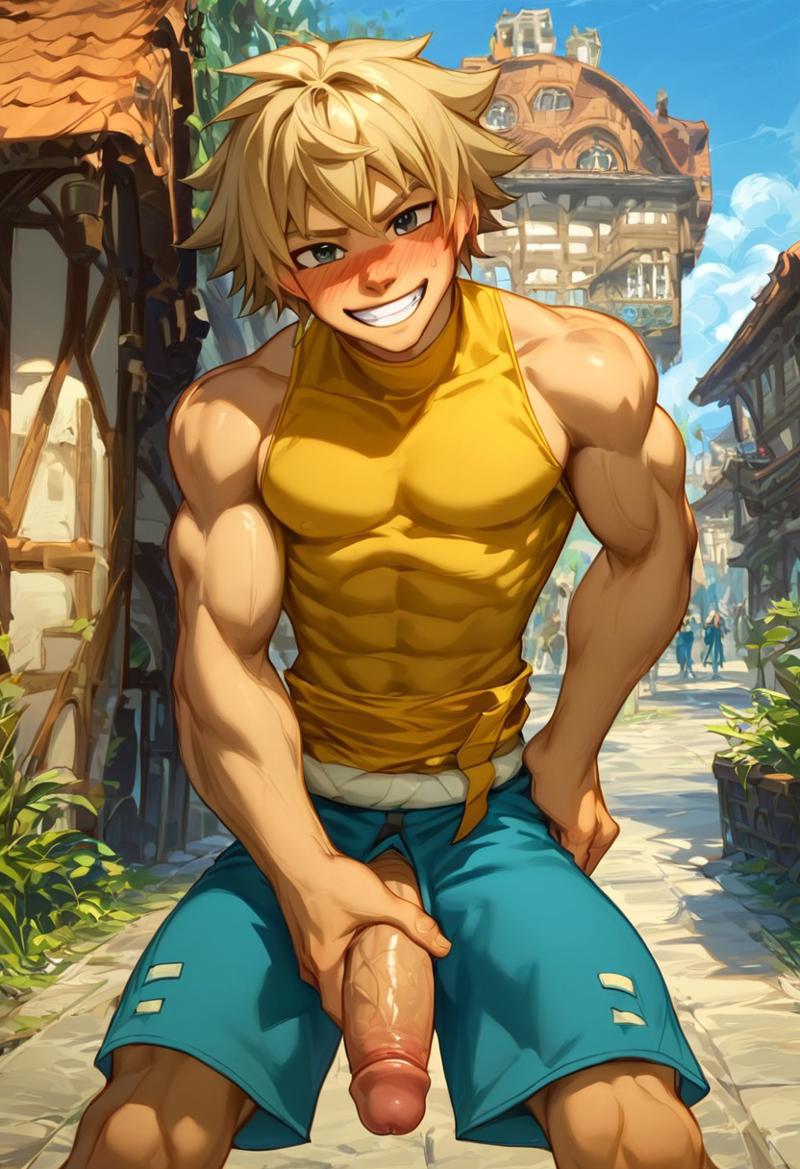 abs ai_generated ankama biceps big_penis blonde_hair gay holding_penis looking_at_viewer male male_only muscular muscular_male nipples pecs penis toned_body toned_male twall97 wakfu yugo