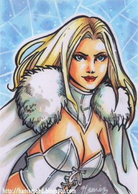 00s 1girls 2000s 2008 blonde_hair blue_eyes cape clothed emma_frost female female_only fur haniemohd marvel marvel_comics sfw traditional_media_(artwork) white_cape white_fur white_queen x-men