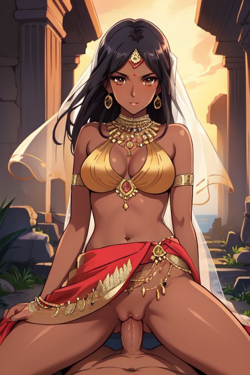 ai_generated armlet bindi black_hair brown_eyes cleavage cowgirl_position dark-skinned_female dark_skin hairless_pussy indian indian_clothes indian_female jewelry necklace penis_in_pussy ruins saree sari sex straight vaginal_penetration veil