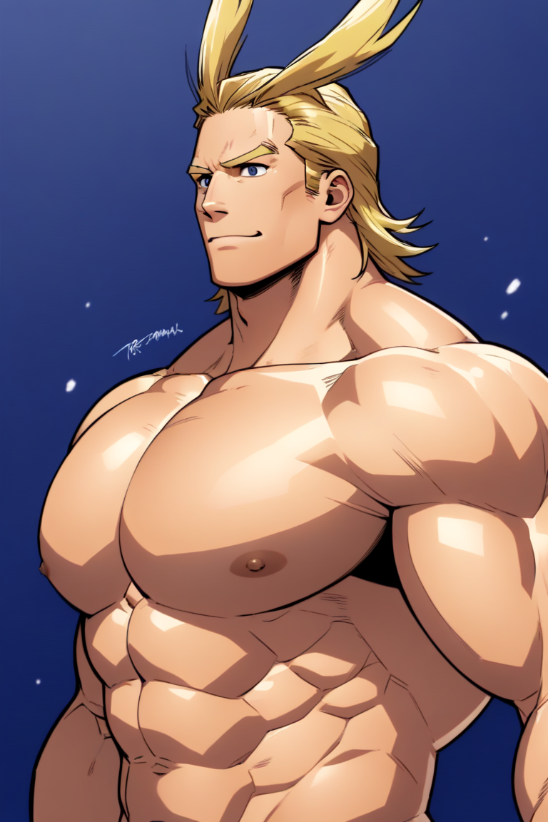 1male all_might biceps blonde_hair blue_eyes gay muscular muscular_chest pecs shirtless shirtless_male shoulders smiling toshinori_yagi