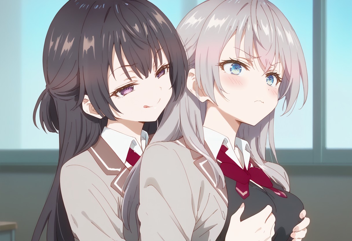 2girls, alisa mikhailovna kujou, blush, blushing female, breast grab, breasts, faithful to the anime, female, female only, frown, grabbing another's breast, grabbing both breasts, groping breasts, licking lips, naughty face, school uniform, schoolgirl, suou yuki, tokidoki bosotto russian de dereru tonari no alya-san, yuri
