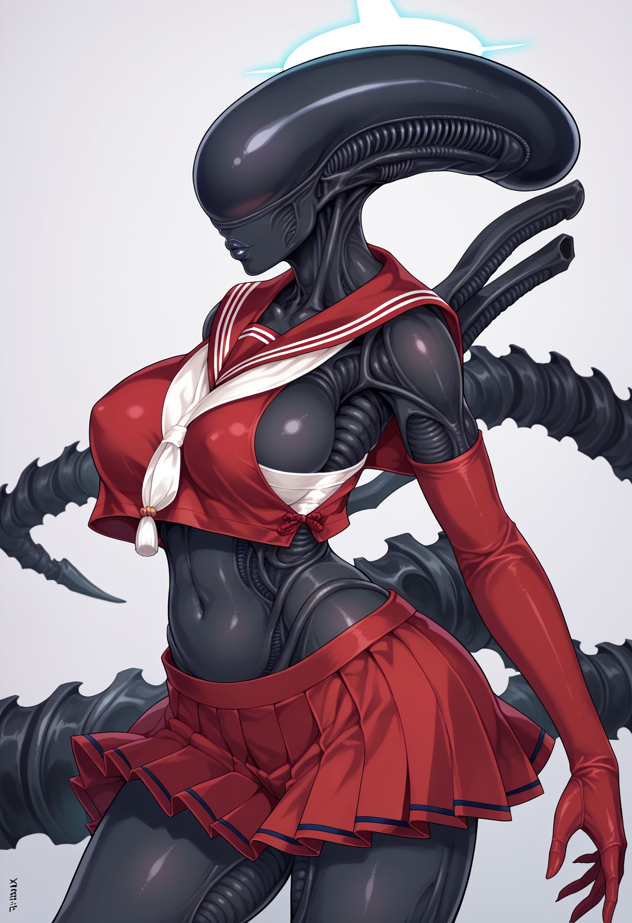 ai_generated alien alien_(franchise) alien_girl alien_humanoid black_skin cleavage clothed elongated_head female_xenomorph human_hybrid humanoid large_ass large_breasts tagme tail thick_thighs wide_hips xenomorph