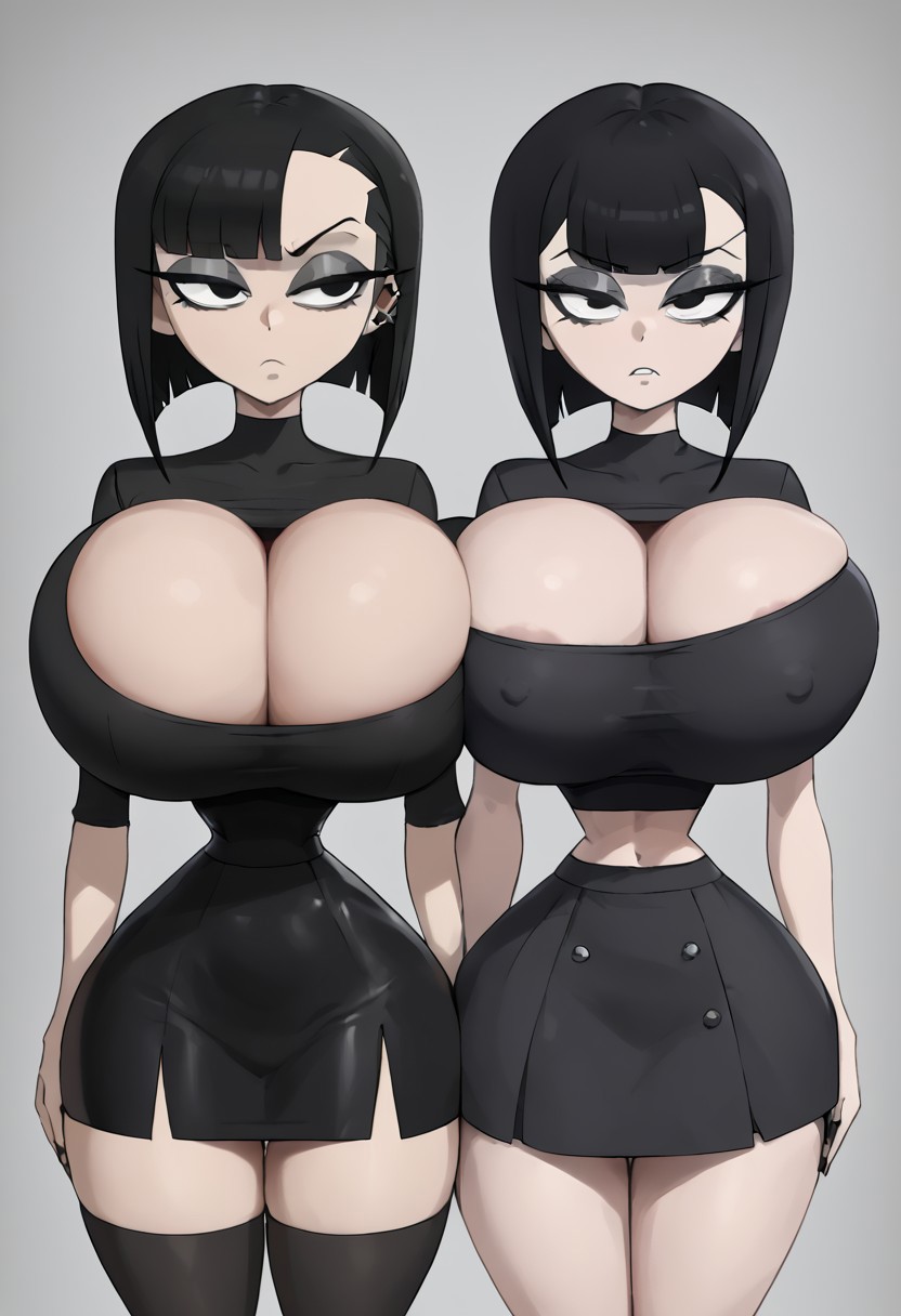 2girls absurdly_large_breasts ai_generated angry annoyed annoyed_expression belly_button bimbo bimbo_body brat choker domme ear_piercing earrings fishnets goth goth_girl gothified heavy_makeup implants large_breasts microskirt miniskirt pale-skinned_female pale_skin pawg round_ass round_breasts sheer skirt standing thick_ass thick_thighs tight_belly tight_clothing tiny_waist twins wiggle wiggle_lines