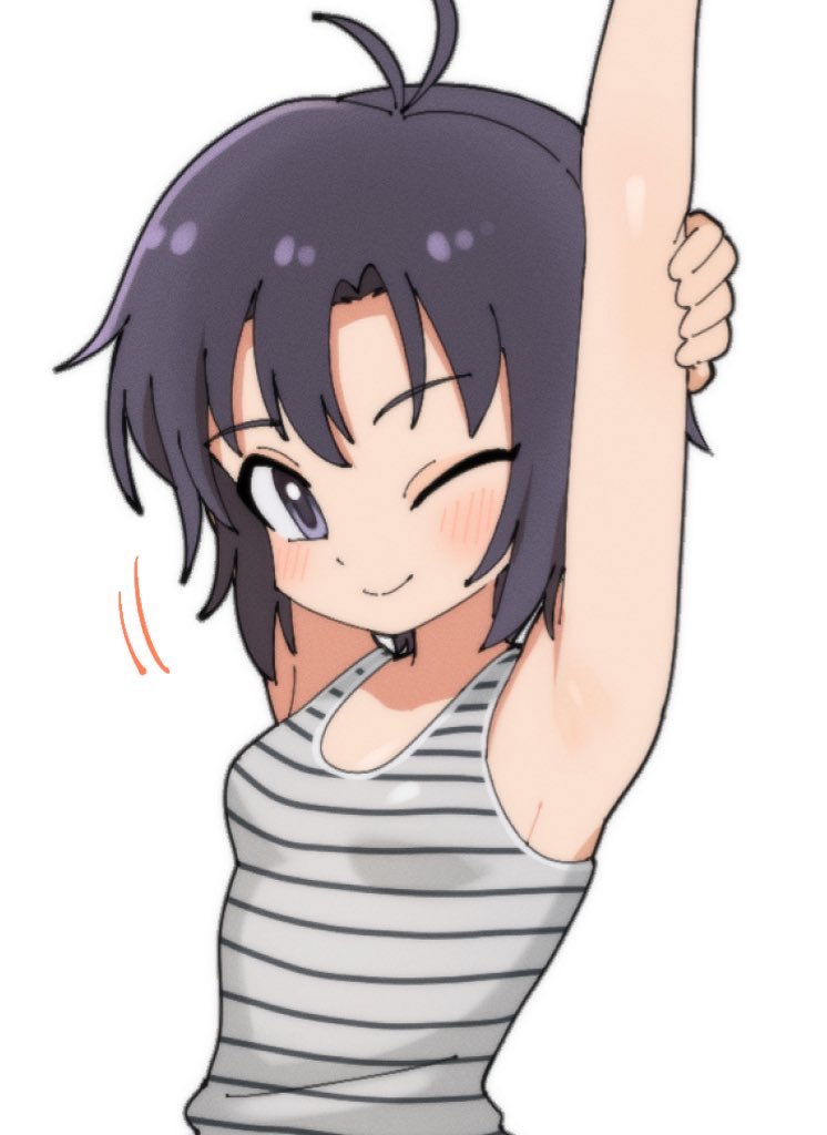 1girls armpits arms_up batrobin_k idolmaster idolmaster_(classic) kikuchi_makoto makoto_kikuchi short_hair smile solo tomboy wink