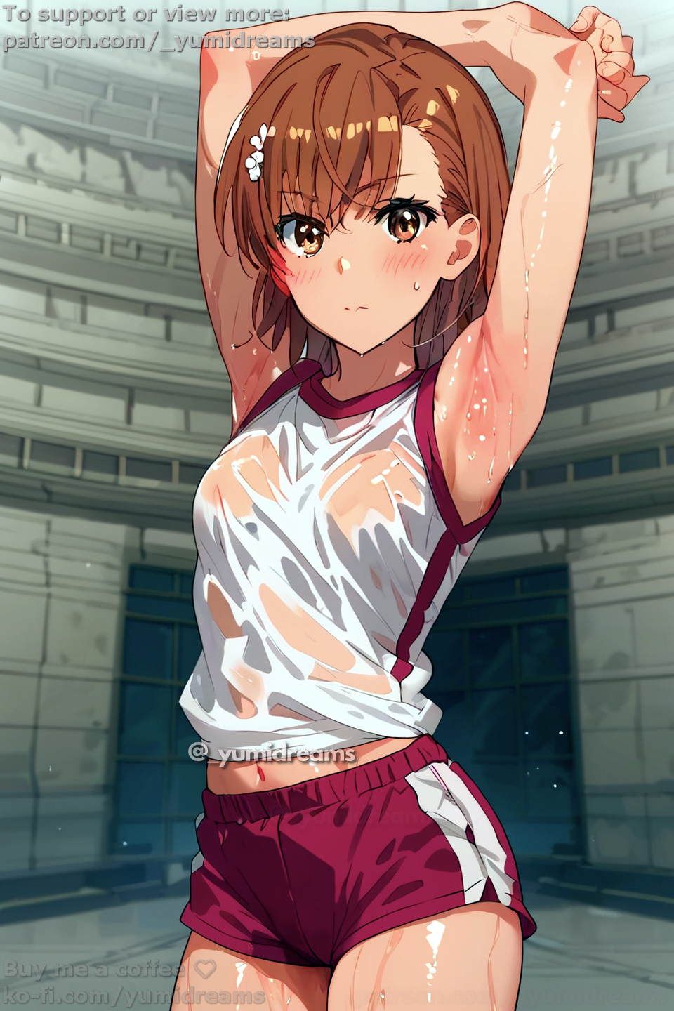 a_certain_scientific_railgun ai_generated armpit_fetish armpits arms_up ascii_media_works blush brown_eyes brown_hair fanart female female_only gym_uniform j.c._staff medium_breasts misaka_mikoto short_hair smile solo_female sweat sweatdrop sweaty sweaty_body to_aru_kagaku_no_railgun to_aru_majutsu_no_index transparent_clothing