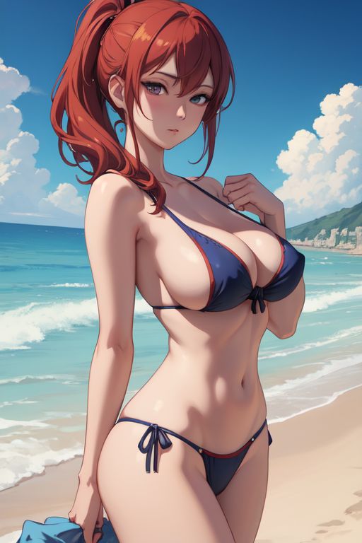 1girls ai_generated bathing_suit beach bikini female medium_breasts midriff ponytail red_hair