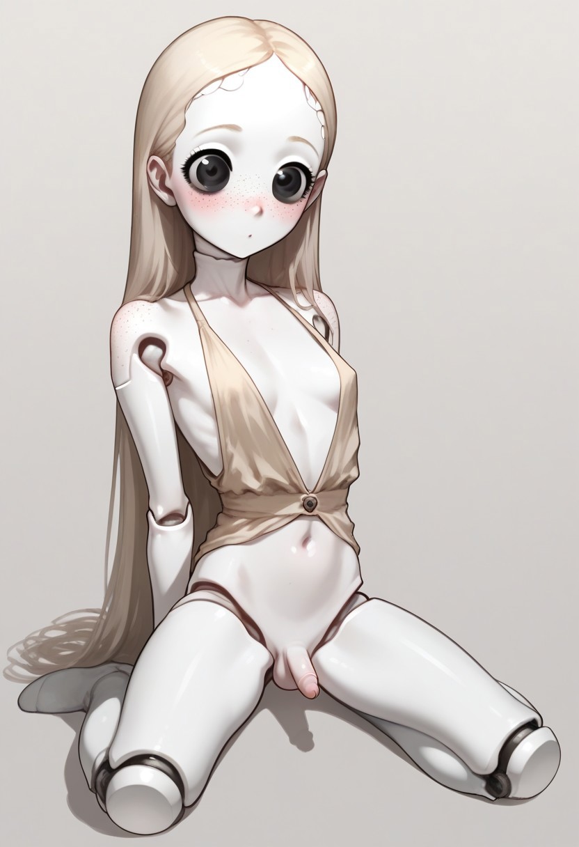 ai_generated big_eyes black_eyes blonde_hair blush blushing doll doll_joints dollification femboy feminine_male flat_chest freckles freckles_on_face girly huge_eyes nipples nipples_visible_through_clothing penis sissy small_breasts small_penis trap verybadboye white_skin