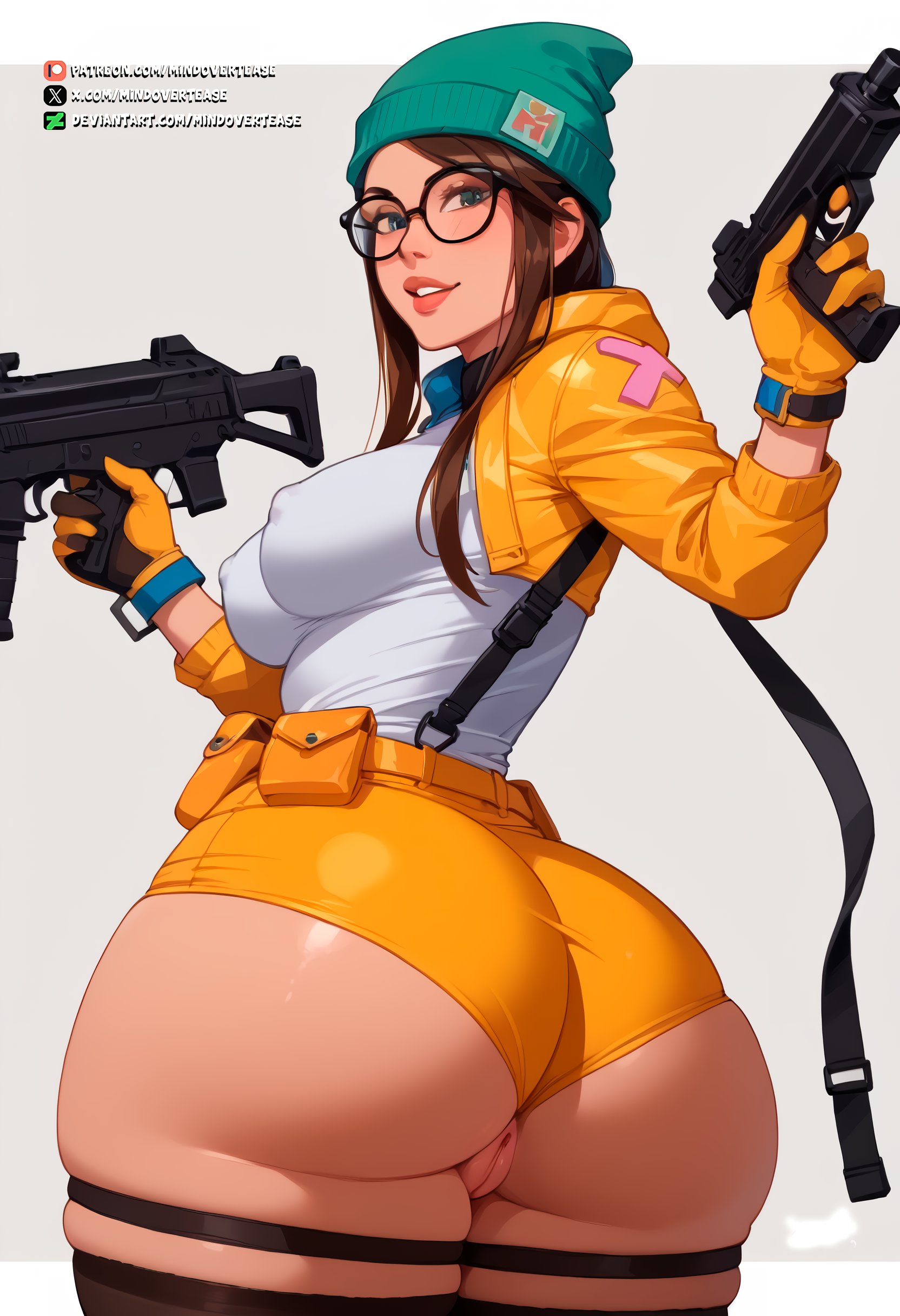 ai generated, ass, exposed pussy, fat ass, female, glasses, gun, hard nipples, killjoy (valorant), mindovertease, pussy, riot games, valorant