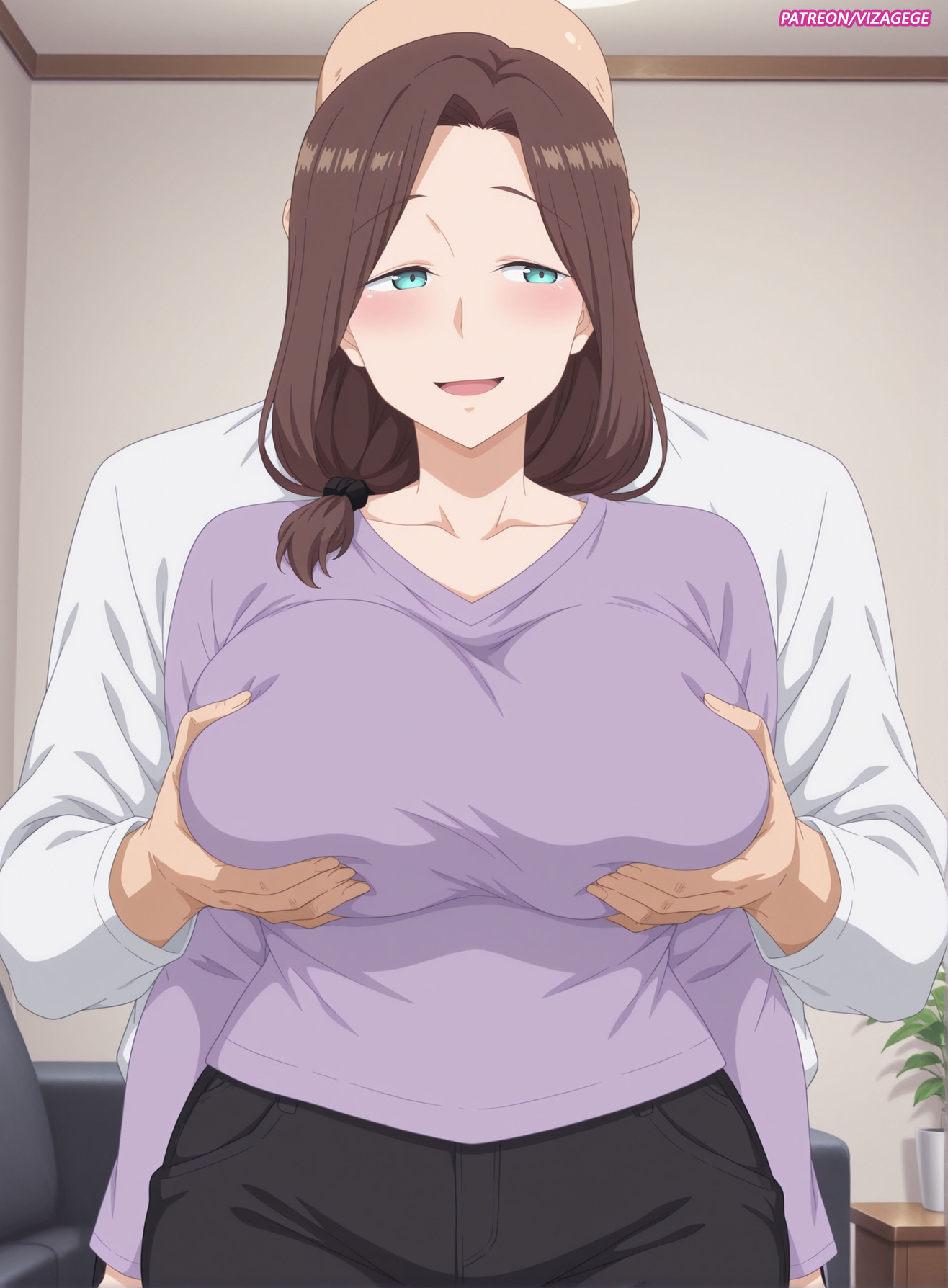 1boy, 1girls, ai generated, ai-chan's mother (tawawa), apartment, bald, bald male, before sex, big breasts, blonde hair, blue eyes, blush, breasts, breasts bigger than head, busty, cheating, cheating wife, clothing, duo focus, faceless male, facing viewer, female, female focus, front view, fully clothed, getsuyoubi no tawawa, grabbing breasts, grabbing from behind, groping, groping breasts, hair over shoulder, hair scrunchie, high resolution, hourglass figure, hourglass figured female, housewife, huge breasts, imminent sex, indoors, living room, long hair, long sleeve shirt, long sleeves, low ponytail, male, mature, mature female, mature woman, milf, mommy, mother, netorare, ntr, oppai, patreon username, ponytail, purple shirt, shirt, side ponytail, smile, tied hair, top heavy, top heavy breasts, uncensored, unseen male face, url, v-neck, vizagege, voluptuous, voluptuous body, voluptuous female, voluptuous milf, watermark, web address