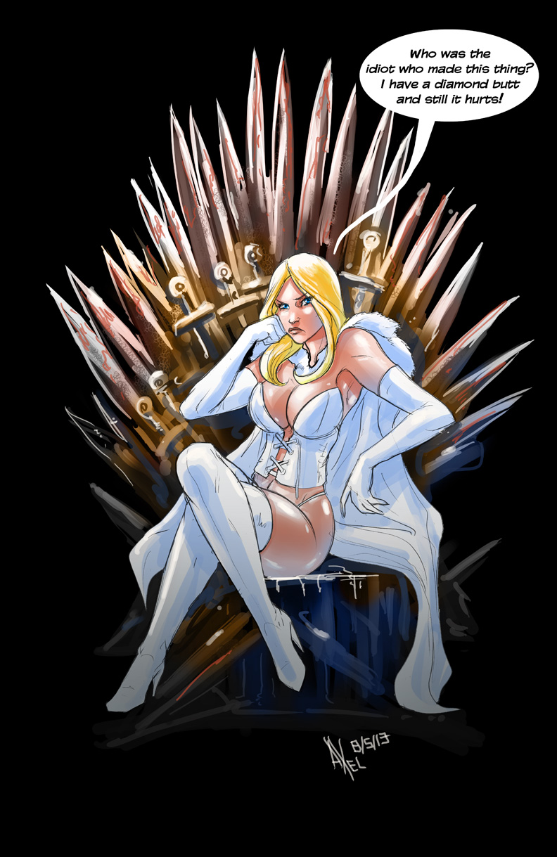 2013 a_song_of_ice_and_fire axelmedellin blonde_hair blue_eyes cape clothed crossover emma_frost funny fur game_of_thrones humor iron_throne marvel marvel_comics pain painful sitting speech_bubble throne unhappy white_cape white_clothing white_fur white_queen x-men