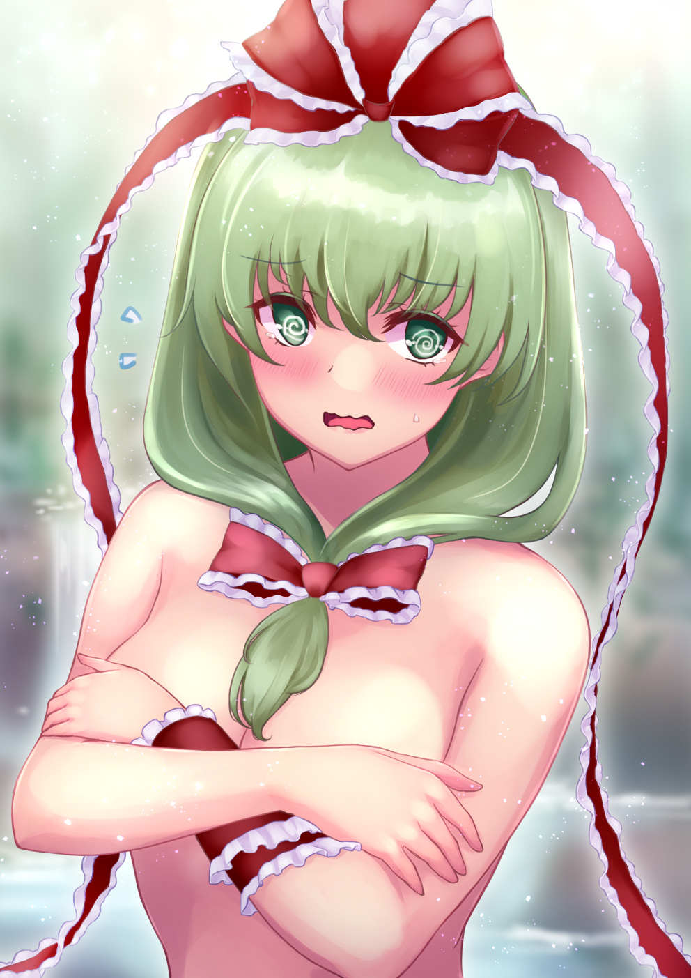 @_@ blurry blurry_background blush bow female front_ponytail green_eyes green_hair highres kagiyama_hina looking_at_viewer nude red_bow red_ribbon ribbon shy solo totolarc touhou upper_body