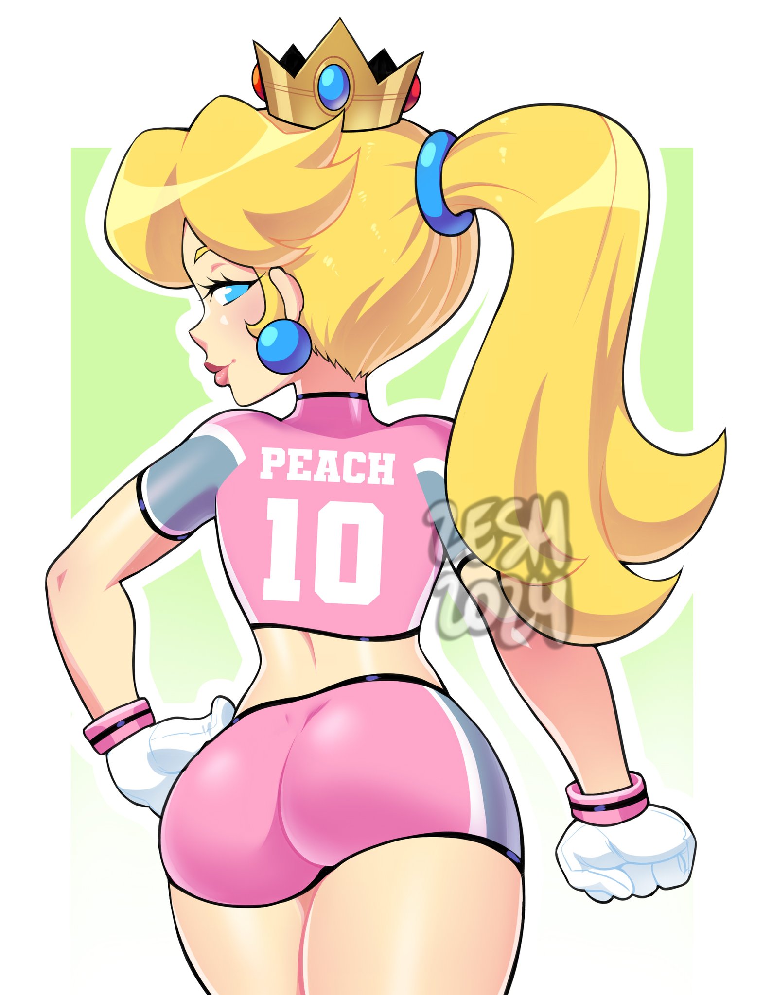1girls, ass, athletic, athletic female, blonde hair, blue eyes, booty shorts, bubble ass, bubble butt, clothing, crown, female, female only, fully clothed, gloves, hand on hip, hourglass figure, human, lipstick, long hair, looking at viewer, looking back, mario (series), mario strikers, nintendo, pink shorts, ponytail, princess peach, solo, solo female, tight clothing, voluptuous, voluptuous female, zeshgolden