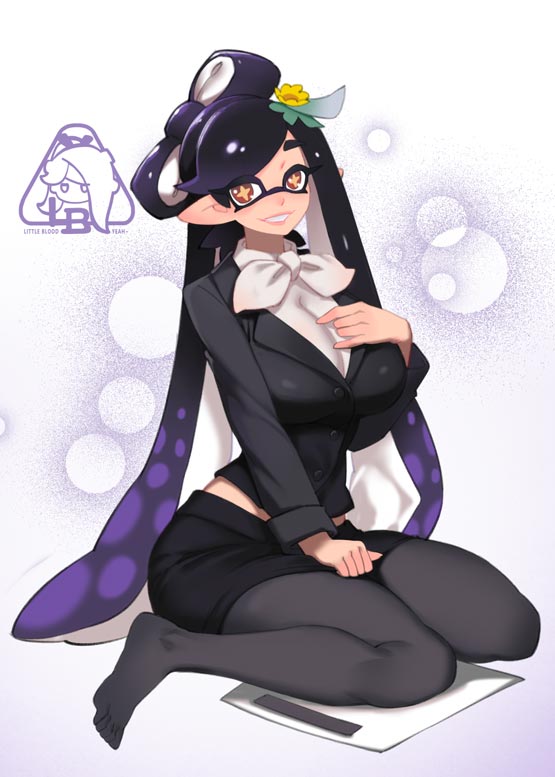 1girls black_skirt breasts callie_(office_lady) callie_(splatoon) large_breasts little_blood long_hair looking_at_viewer no_shoes office_lady pantyhose skirt solo solo_female solo_focus splatoon splatoon_(series) splatoon_3 tentacle tentacle tentacle_hair