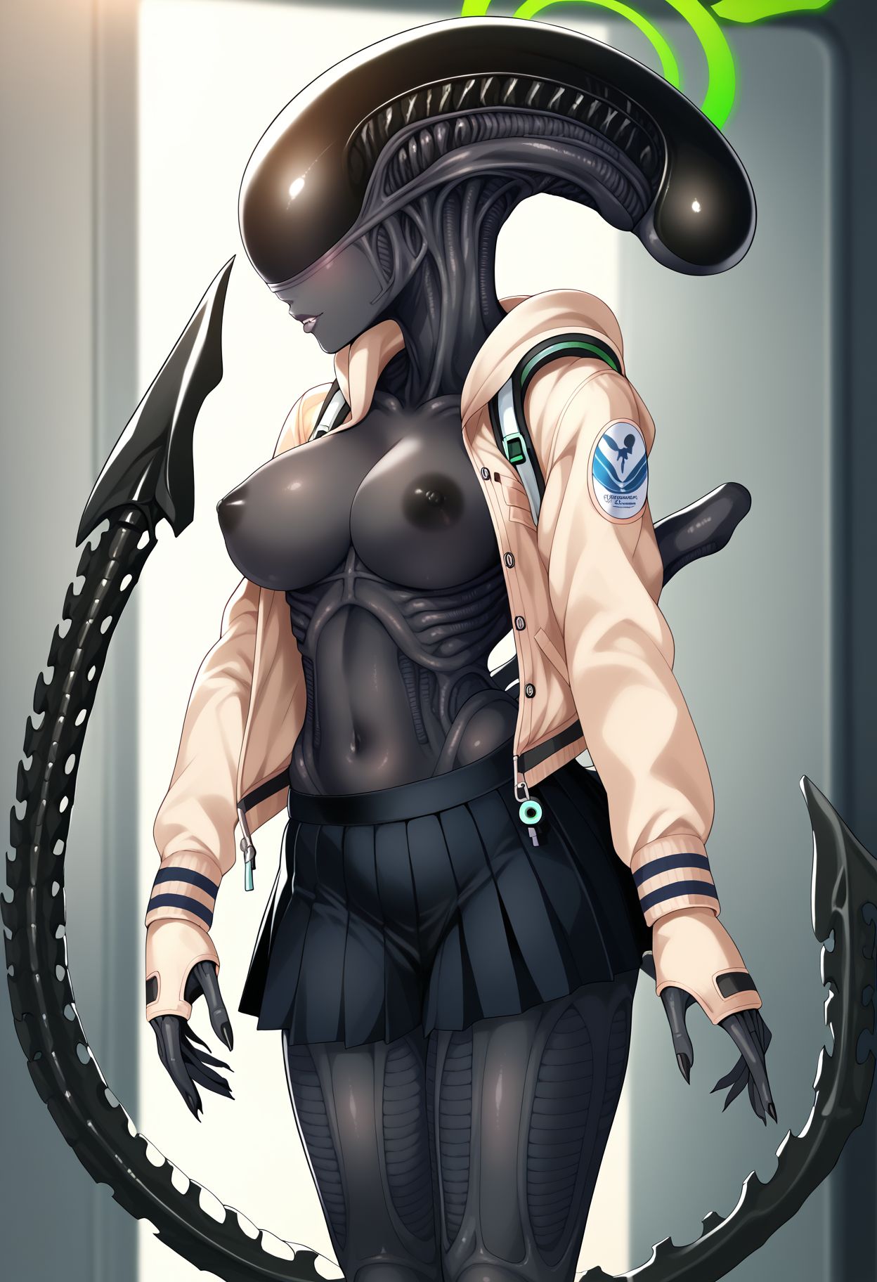 ai_generated alien alien_(franchise) alien_girl alien_humanoid black_skin cleavage clothed elongated_head female_xenomorph human_hybrid humanoid large_ass large_breasts nipples tagme tail thick_thighs wide_hips xenomorph