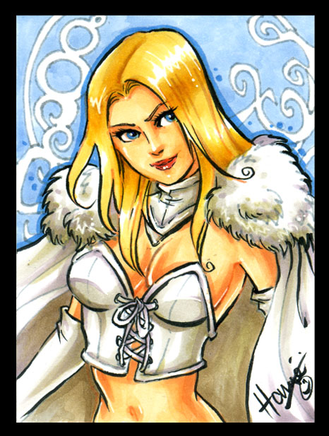 00s 1girls 2000s 2009 blonde_hair blue_eyes cape clothed emma_frost female female_only fur haniemohd marvel marvel_comics sfw smile smiling traditional_media_(artwork) white_cape white_fur white_queen x-men