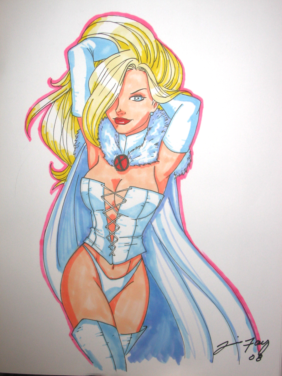 00s 1girls 2000s blonde_hair blue_eyes cape clothed earrings emma_frost female female_only fur jamiefayx marvel marvel_comics photo_(medium) standing traditional_media_(artwork) white_cape white_clothing white_fur white_queen x-men