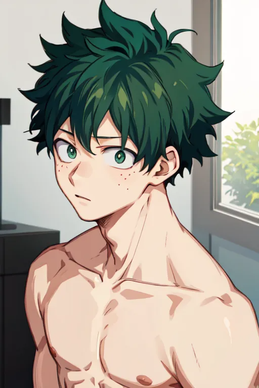 1boy adam's_apple ai_generated bangs boku_no_hero_academia closed_mouth collarbone freckles green_eyes green_hair indoors izuku_midoriya looking_at_viewer male_focus messy_hair midoriya_izuku my_hero_academia nipples pectorals short_hair solo topless_male upper_body