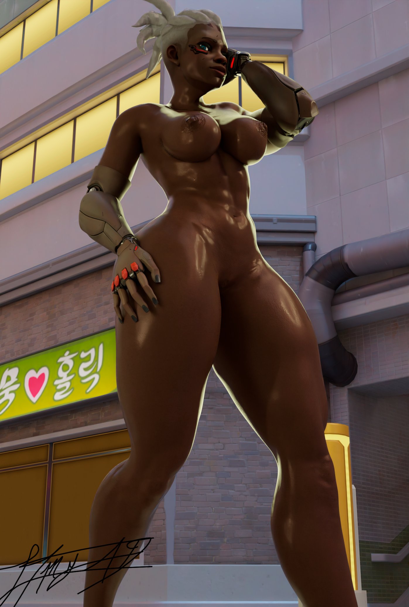 1girls 3d african african_female cyborg dark-skinned_female female itmy_ad mature_female overwatch overwatch_2 pussy sojourn_(overwatch) white_hair
