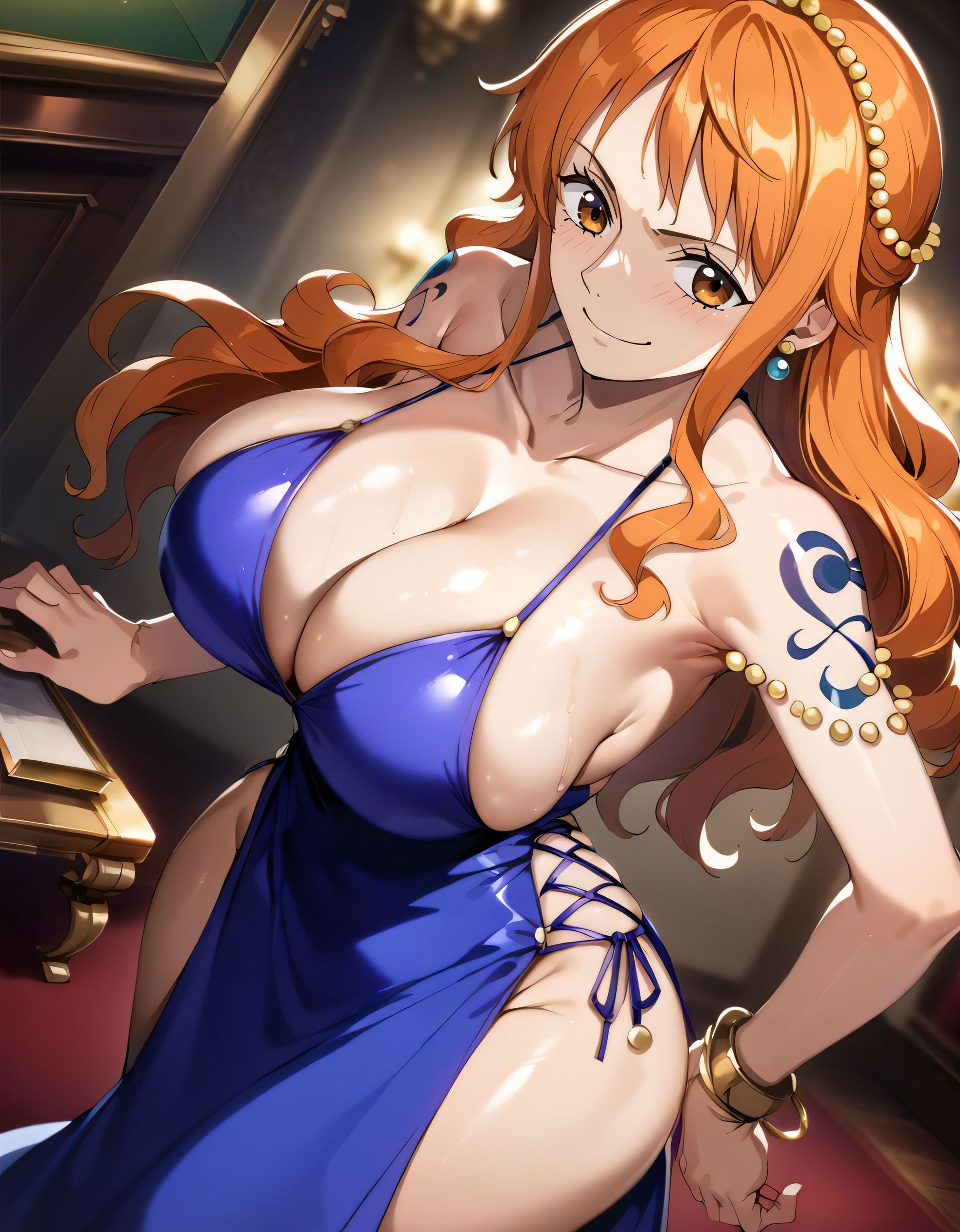 1girls, ai generated, alternate breast size, big breasts, breasts, busty, curvaceous, curvy, curvy body, curvy female, curvy figure, dress, female, female only, huge breasts, large breasts, nami (one piece), no panties, one piece, showing ass, showing breasts, solo, sweat, sweaty body, sweaty breasts, thick thighs, thighs, voluptuous