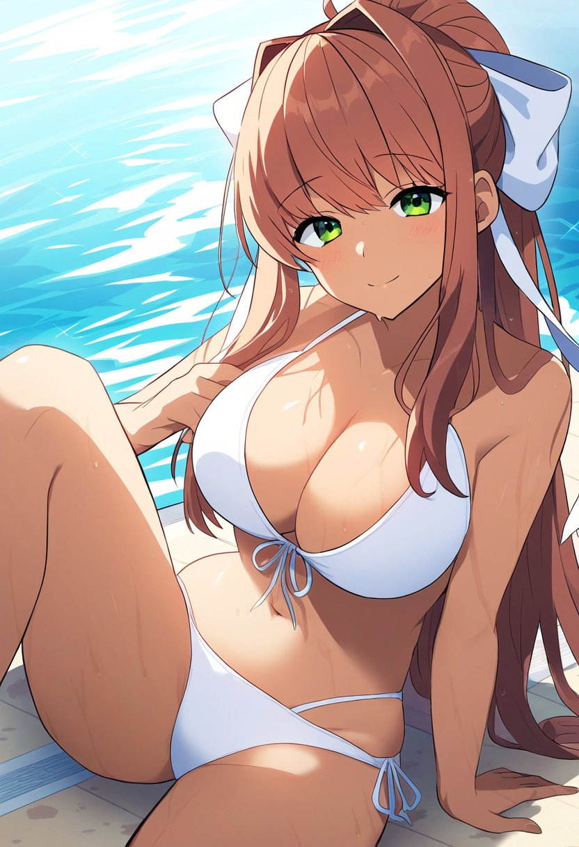 ai generated, breasts, doki doki literature club, female, female only, monika (doki doki literature club), nai diffusion, solo, stable diffusion, swimsuit, white bow