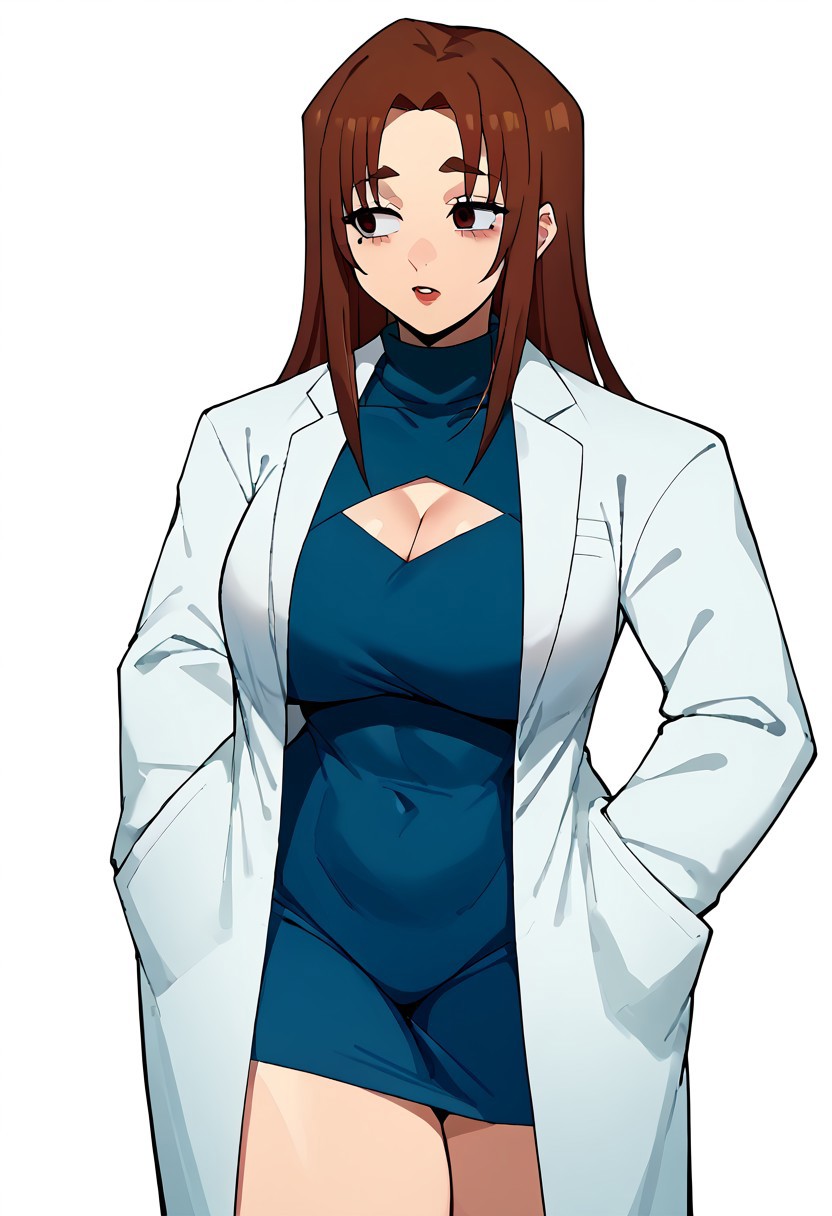 ai_generated female_only hands_in_pockets jujutsu_kaisen labcoat looking_away mole mole_under_eye plump shoko_ieiri skirt tagme thick_thighs turtleneck